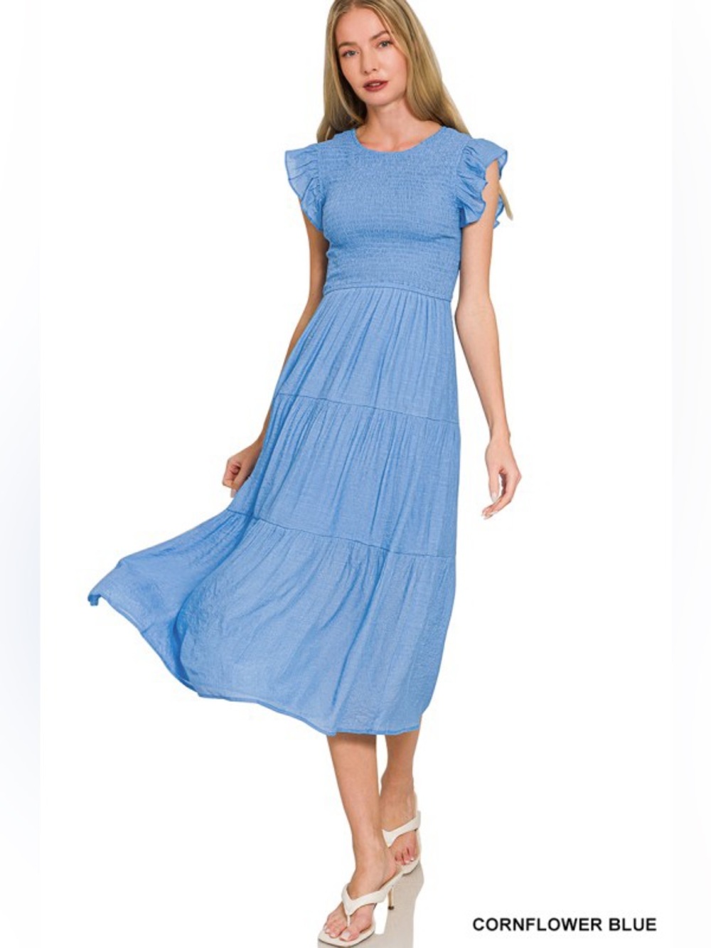 Light Blue Ruffled Sleeve Tiered Midi Dress